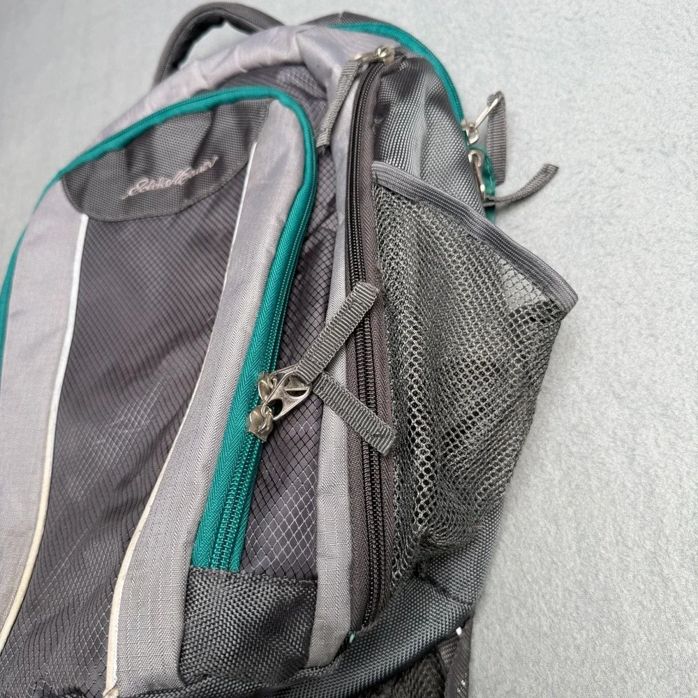 Eddie‎ Bauer Backpack Gray Teal Ripstop Insulated Pocket Hiking Travel Daypack